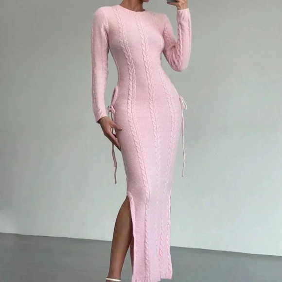 Pink Elegant Women's Warm Cinched Waist Knitted Dress - Picture 3 of 8